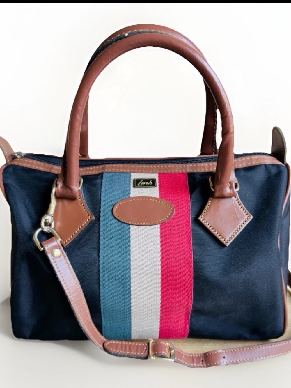 Vintage Lark Travel Purse Carry On Bag Leather Double Handles Shoulder Strap